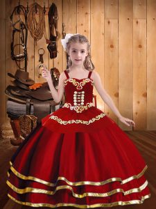  Sleeveless Organza Floor Length Lace Up Little Girls Pageant Gowns in Red with Embroidery and Ruffled Layers