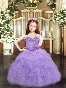 Most Popular Lavender Sleeveless Floor Length Beading and Ruffles and Pick Ups Lace Up Girls Pageant Dresses