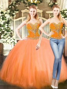  Floor Length Lace Up Sweet 16 Quinceanera Dress Orange Red for Military Ball and Sweet 16 and Quinceanera with Beading