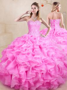Charming Ball Gowns 15th Birthday Dress Rose Pink Sweetheart Organza Sleeveless Floor Length Lace Up