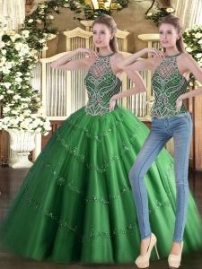 Stylish Green Ball Gown Prom Dress Military Ball and Sweet 16 and Quinceanera with Beading High-neck Sleeveless Lace Up