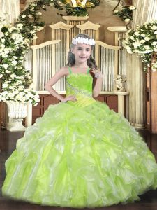 On Sale Ball Gowns Kids Pageant Dress Yellow Green Straps Organza Sleeveless Floor Length Lace Up