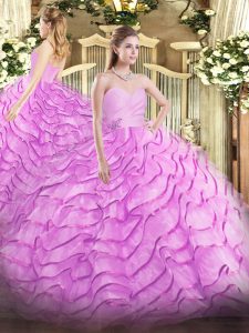 Custom Fit Lilac Organza Lace Up Quinceanera Gowns Sleeveless Brush Train Beading and Ruffled Layers