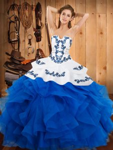  Blue Satin and Organza Lace Up 15th Birthday Dress Sleeveless Floor Length Embroidery and Ruffles