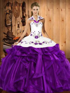 Beauteous Purple Organza Lace Up Halter Top Sleeveless Floor Length Ball Gown Prom Dress Embroidery and Ruffles