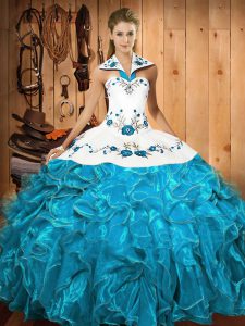  Baby Blue Ball Gowns Embroidery and Ruffles Quinceanera Dress Lace Up Satin and Organza Sleeveless Floor Length