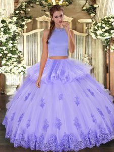 Super Lavender Two Pieces Tulle Halter Top Sleeveless Beading and Appliques and Ruffles Floor Length Backless Quinceanera Dress