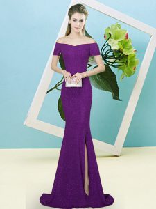Most Popular Sequined Off The Shoulder Short Sleeves Sweep Train Zipper Sequins Prom Gown in Dark Purple