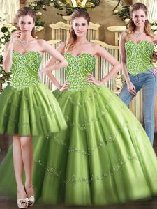 Most Popular Olive Green Lace Up Sweetheart Beading Quinceanera Gowns Tulle Sleeveless
