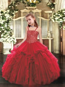 Eye-catching Red Lace Up Little Girls Pageant Dress Wholesale Beading and Ruffles Sleeveless Floor Length