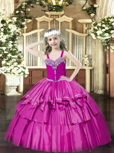 Enchanting Sleeveless Floor Length Beading and Ruffled Layers Lace Up Kids Formal Wear with Fuchsia