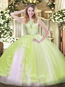 Hot Sale Yellow Green Sleeveless Lace and Ruffles Floor Length Quinceanera Gown