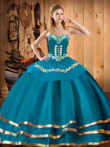 Excellent Teal Ball Gowns Embroidery Sweet 16 Quinceanera Dress Lace Up Organza Sleeveless Floor Length