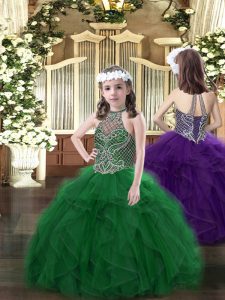 Great Dark Green Ball Gowns Beading and Ruffles Little Girls Pageant Dress Wholesale Lace Up Organza Sleeveless Floor Length