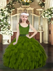 Enchanting Olive Green Zipper Girls Pageant Dresses Beading and Ruffles Sleeveless Floor Length