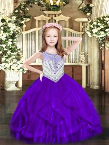  Purple Ball Gowns Scoop Sleeveless Tulle Floor Length Zipper Beading and Ruffles Party Dress