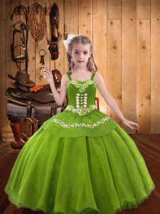 Custom Design Floor Length Lace Up Little Girls Pageant Dress Wholesale Olive Green for Party and Sweet 16 and Quinceanera and Wedding Party with Embroidery