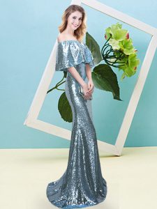  Floor Length Light Blue Prom Dress Off The Shoulder Half Sleeves Zipper