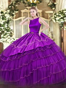  Purple Organza Clasp Handle Scoop Sleeveless Floor Length Sweet 16 Dresses Embroidery and Ruffled Layers
