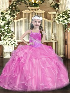Excellent Rose Pink Sleeveless Beading Floor Length Little Girls Pageant Dress Wholesale