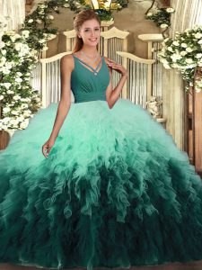 Ideal Multi-color Ball Gowns V-neck Sleeveless Tulle Floor Length Backless Ruffles Quinceanera Gowns
