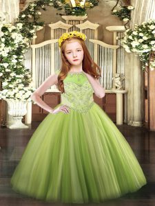 Perfect Floor Length Yellow Green Party Dress for Girls Tulle Sleeveless Beading