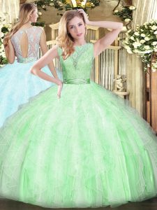 Decent Organza Scoop Sleeveless Backless Lace and Ruffles 15 Quinceanera Dress in Apple Green