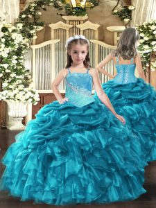 Custom Made Organza Straps Sleeveless Lace Up Embroidery and Ruffles Little Girl Pageant Gowns in Teal 