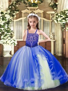 New Style Royal Blue Little Girls Pageant Dress Wholesale Party and Quinceanera with Beading Straps Sleeveless Lace Up