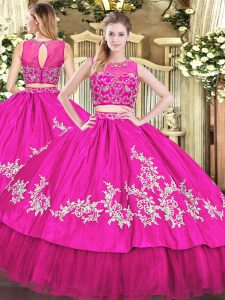  Hot Pink Tulle Zipper 15 Quinceanera Dress Sleeveless Floor Length Beading and Appliques