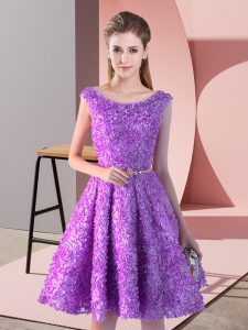 Flirting Lavender A-line Belt Homecoming Dress Lace Up Lace Sleeveless Knee Length