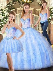 Pretty Lavender Lace Up Sweetheart Beading and Ruffles Quince Ball Gowns Organza Sleeveless