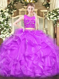 Great Sleeveless Floor Length Beading and Ruffles Zipper 15th Birthday Dress with Lilac