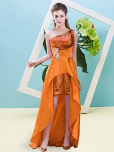  Orange Prom Gown Prom and Party with Beading and Sequins One Shoulder Sleeveless Lace Up