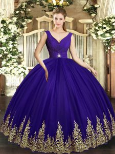  V-neck Sleeveless Quince Ball Gowns Floor Length Beading and Appliques Purple Tulle