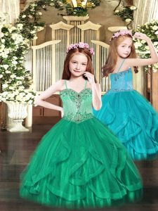  Turquoise Lace Up Spaghetti Straps Beading and Ruffles Juniors Party Dress Tulle Sleeveless