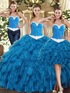 Sexy Teal Lace Up Quince Ball Gowns Ruffles Sleeveless Floor Length