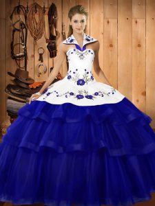 Fabulous Royal Blue Sleeveless Organza Sweep Train Lace Up Vestidos de Quinceanera for Military Ball and Sweet 16 and Quinceanera