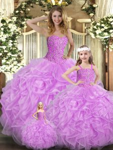 Colorful Lilac Ball Gowns Organza Sweetheart Sleeveless Beading and Ruffles Floor Length Lace Up Quinceanera Gowns