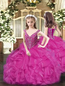  Fuchsia Sleeveless Organza Lace Up Girls Pageant Dresses for Party and Quinceanera