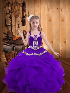  Eggplant Purple Straps Neckline Embroidery and Ruffles Child Pageant Dress Sleeveless Lace Up
