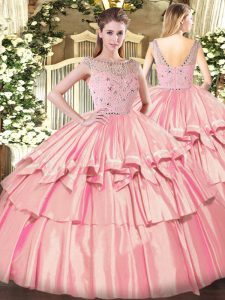  Rose Pink Ball Gowns Tulle Bateau Sleeveless Beading and Ruffled Layers Floor Length Zipper Sweet 16 Quinceanera Dress