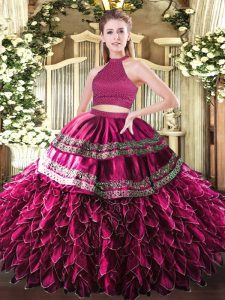  Fuchsia Ball Gowns Embroidery and Ruffles Quinceanera Dresses Backless Satin and Organza Sleeveless Floor Length