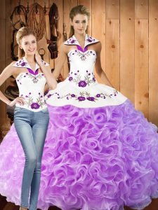  Lilac Two Pieces Fabric With Rolling Flowers Halter Top Sleeveless Embroidery Floor Length Lace Up Ball Gown Prom Dress