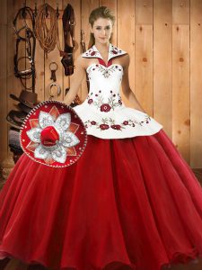  Wine Red Sleeveless Embroidery Floor Length 15 Quinceanera Dress