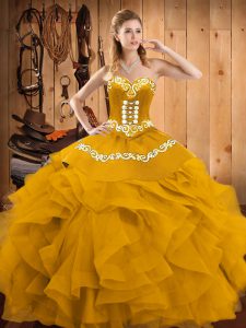  Floor Length Gold Quinceanera Gown Satin and Organza Sleeveless Embroidery and Ruffles