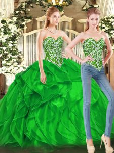 Flirting Green Ball Gowns Sweetheart Sleeveless Tulle Floor Length Lace Up Beading and Ruffles 15 Quinceanera Dress