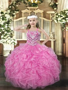 Great Organza Straps Sleeveless Lace Up Beading and Ruffles Little Girls Pageant Dress in Rose Pink 