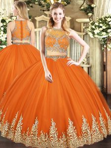 Glorious Orange Red Sleeveless Floor Length Beading and Appliques Zipper 15th Birthday Dress