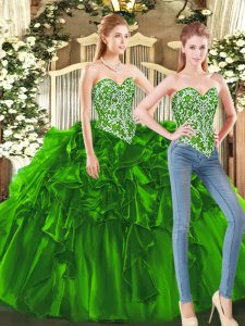 Cute Sweetheart Sleeveless Lace Up Vestidos de Quinceanera Dark Green Tulle